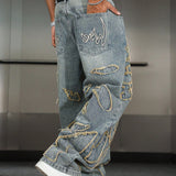 Distressed Patchwork Wide-Leg Jeans